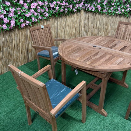 Teak Deluxe Garden Furniture Set 120cm - 170cm Oval Dining Table 4cm Thick Double leaf & 4 Elysian Stacking Chairs With Cushions