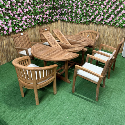 Teak Deluxe Garden Furniture Set 6 Seater 120cm - 170cm Dining Table 4  Elysian Stacking Chairs & 2 Harmony Chairs With Cushions