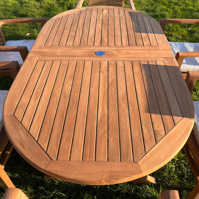Teak Garden Furniture Set 180cm - 240cm Dining table & 8 Chairs with Cushions & Parasol!