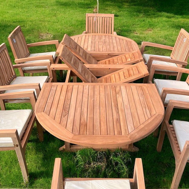 Teak Garden Furniture Set 180cm - 240cm Extending Dining Table 8 Elysian Stacking Chairs With Cushions