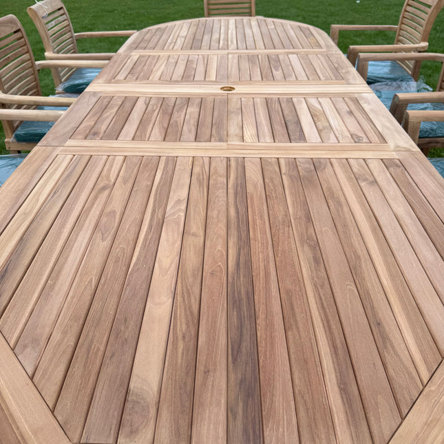 Teak Deluxe Garden Furniture Set 200cm - 300cm Dining Table 4CM Thick & 10 Enclave Chairs With Cushions