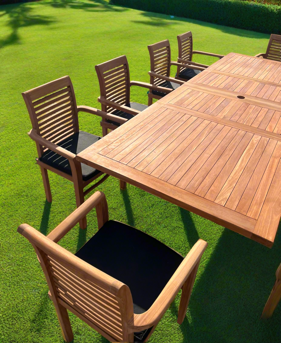 Teak Deluxe Garden Furniture Set 200cm - 300cm Dining Table 4CM Thick & 10 Chairs With Cushions