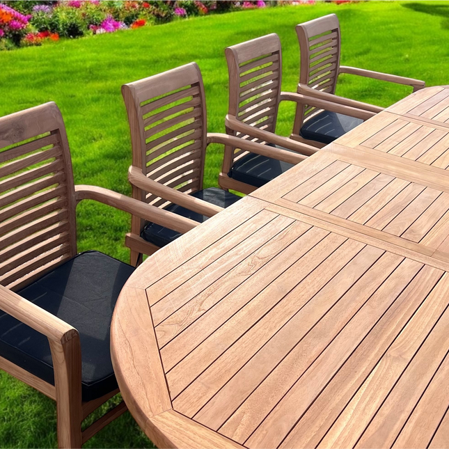 Teak Deluxe Garden Furniture Set 200cm - 300cm Dining Table 4CM Thick & 10 Chairs With Cushions