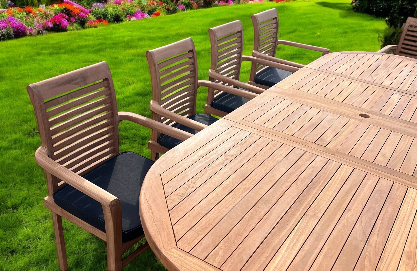 Teak Deluxe Garden Furniture Set 200cm - 300cm Dining Table 4CM Thick & 10 Chairs With Cushions