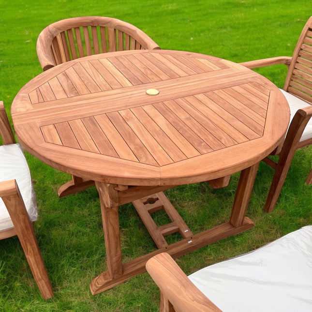 Teak Deluxe Garden Furniture Set 6 Seater 120cm - 170cm Dining Table 4  Enclave Stacking Chairs & 2 Harmony Chairs With Cushions