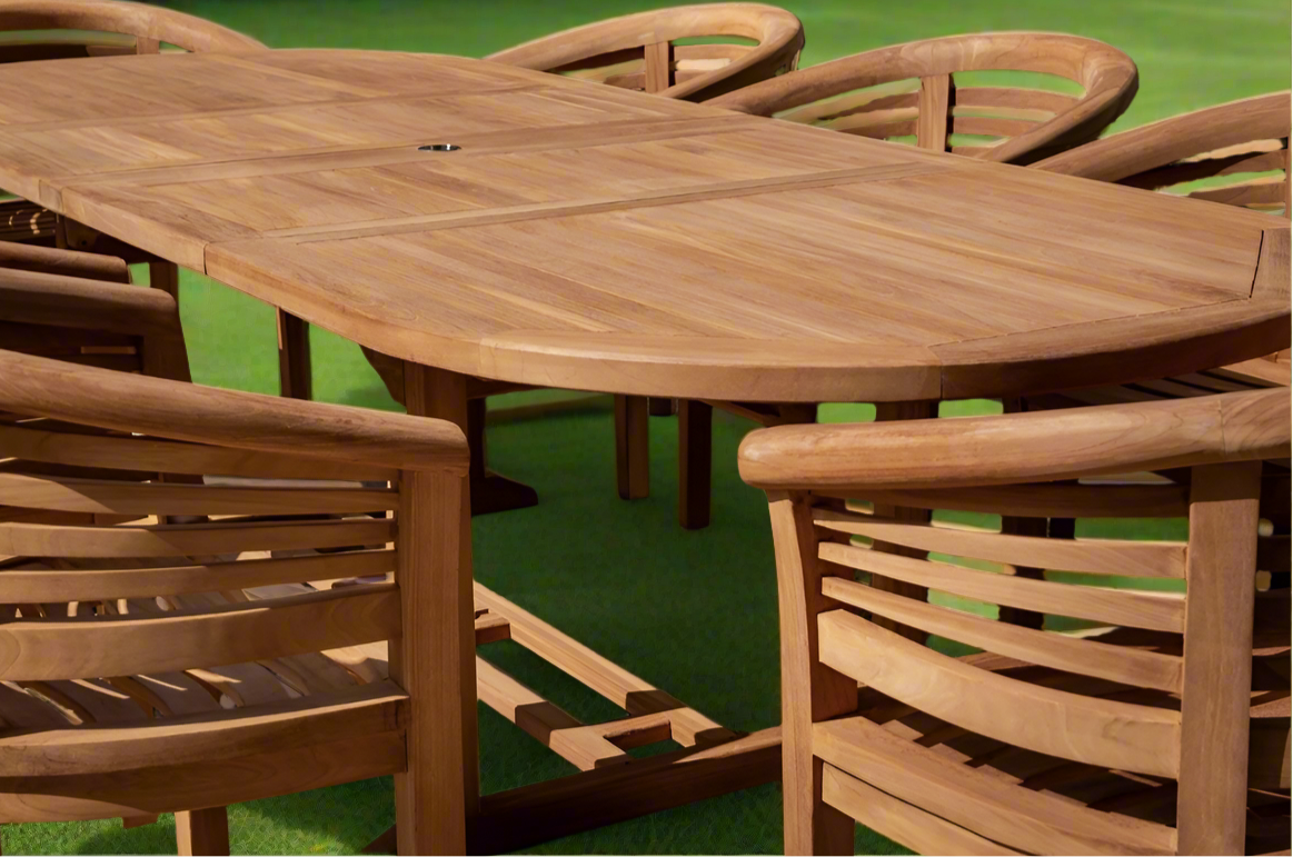 Teak Deluxe Garden Furniture Set 200cm - 300cm Oval Dining Table 4CM Thick 2 Horizontal Benches & 6 Deluxe Banana Chairs With Cushions