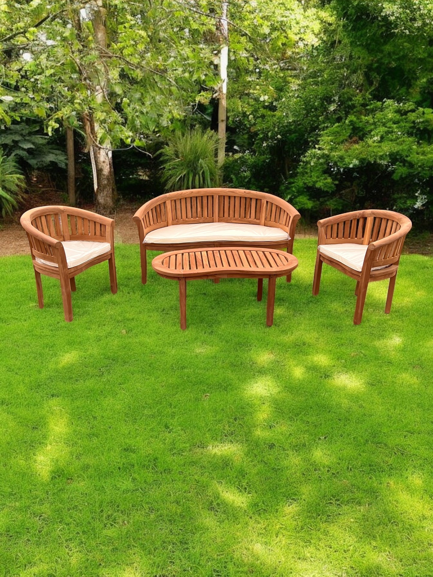 Teak Banana Curved Garden Bench Set With Coffee Table Four Piece