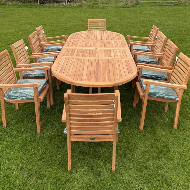 Teak Deluxe Garden Furniture Set 200cm - 300cm Dining Table 4CM Thick & 10 Chairs With Cushions