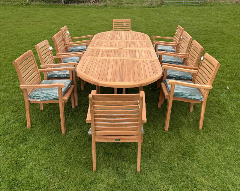 Teak Deluxe Garden Furniture Set 200cm - 300cm Dining Table 4CM Thick & 10 Chairs With Cushions