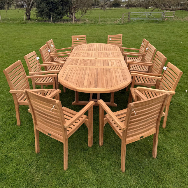 Teak Deluxe Garden Furniture Set 200cm - 300cm Dining Table 4CM Thick & 12 Chairs With Cushions