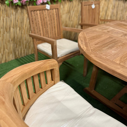Teak Deluxe Garden Furniture Set 6 Seater 120cm - 170cm Dining Table 4  Elysian Stacking Chairs & 2 Harmony Chairs With Cushions