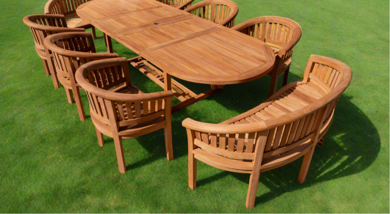 Teak Deluxe Garden Furniture Set 200cm - 300cm Oval Dining Table 4CM Thick 2 Banana Benches & 6 Banana Chairs With Cushions