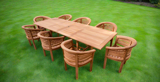 Teak Deluxe Garden Furniture Set 200cm - 300cm Rectangle Dining Table 4CM Thick & 8 Deluxe Horizontal Banana Chairs With Cushions