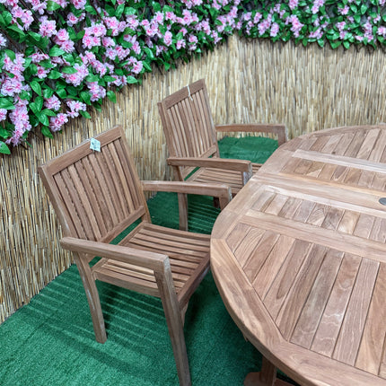 Teak Deluxe Garden Furniture Set 120cm - 170cm Oval Dining Table 4cm Thick & 6 Elysian Stacking Chairs With Cushions