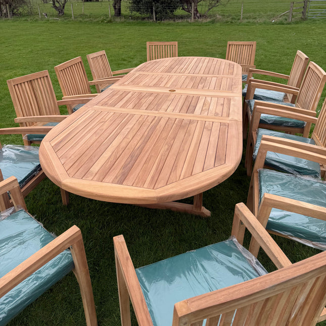 Teak Deluxe Garden Furniture Set 200cm - 300cm Dining Table 4CM Thick & 12 Elysian Chairs With Cushions
