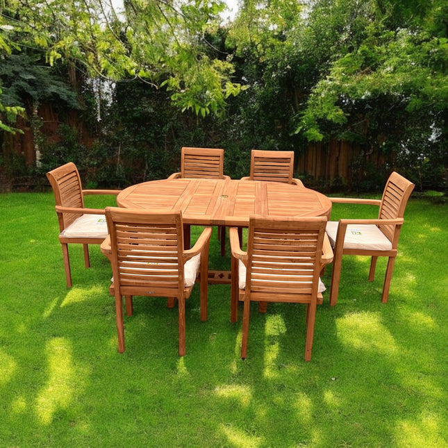 Teak Deluxe Garden Furniture Set 120cm - 170cm Oval Dining Table 4cm Thick & 6 Enclave Stacking Chairs With Cushions