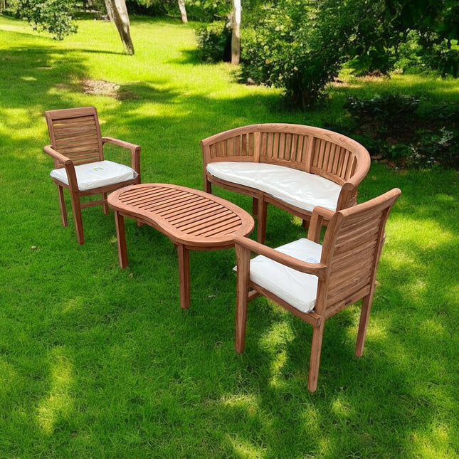 Teak Vertical Harmony Curved Garden Bench Set Coffee Table Two Enclave Stacking Chairs Four Piece