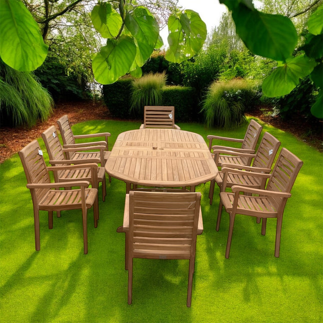 Teak Garden Furniture Set 180cm - 240cm Extending Dining Table & 8 Haven Chairs with Cushions