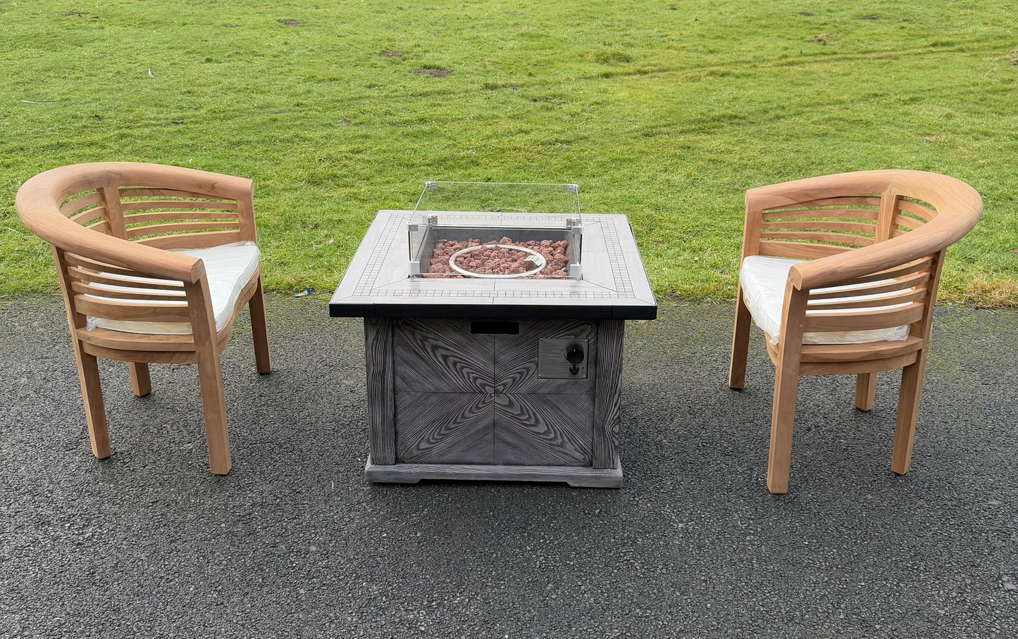 Teak Banana Chairs and Firepit Set Grey