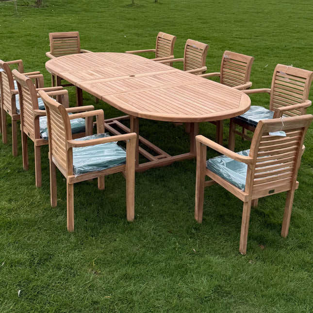 Teak Deluxe Garden Furniture Set 200cm - 300cm Dining Table 4CM Thick & 10 Enclave Chairs With Cushions