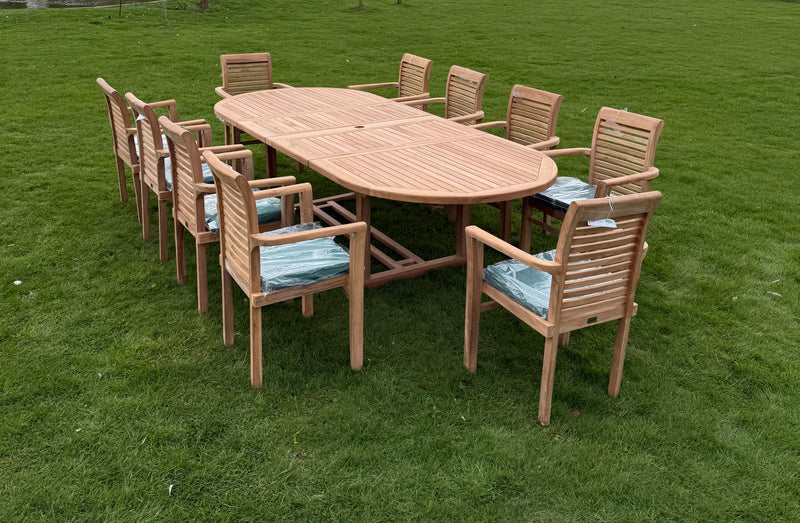 Teak Deluxe Garden Furniture Set 200cm - 300cm Dining Table 4CM Thick & 10 Enclave Chairs With Cushions