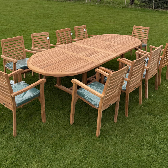 Teak Deluxe Garden Furniture Set 200cm - 300cm Dining Table 4CM Thick & 10 Chairs With Cushions