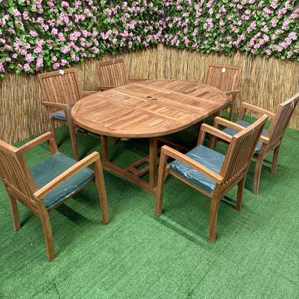 Teak Deluxe Garden Furniture Set 120cm - 170cm Oval Dining Table 4cm Thick & 6 Elysian Stacking Chairs With Cushions