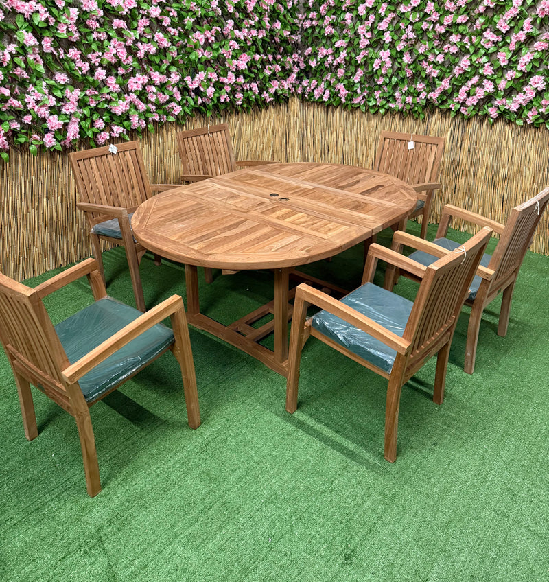 Teak Deluxe Garden Furniture Set 120cm - 170cm Oval Dining Table 4cm Thick & 6 Elysian Stacking Chairs With Cushions