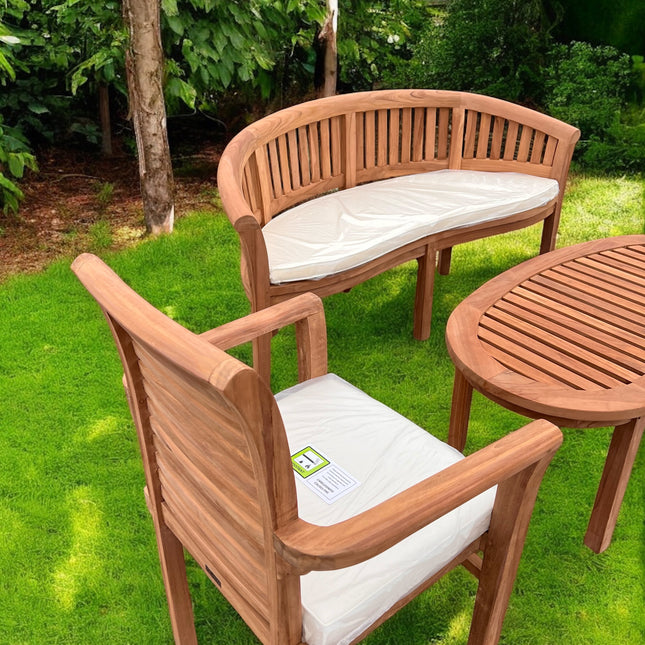 Teak Vertical Harmony Curved Garden Bench Set Coffee Table Two Enclave Stacking Chairs Four Piece