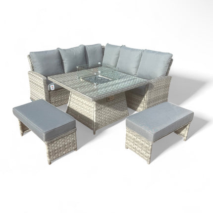 Luxury Sierra Rattan Firepit Corner Garden Set Outdoor Patio Furniture - Grey