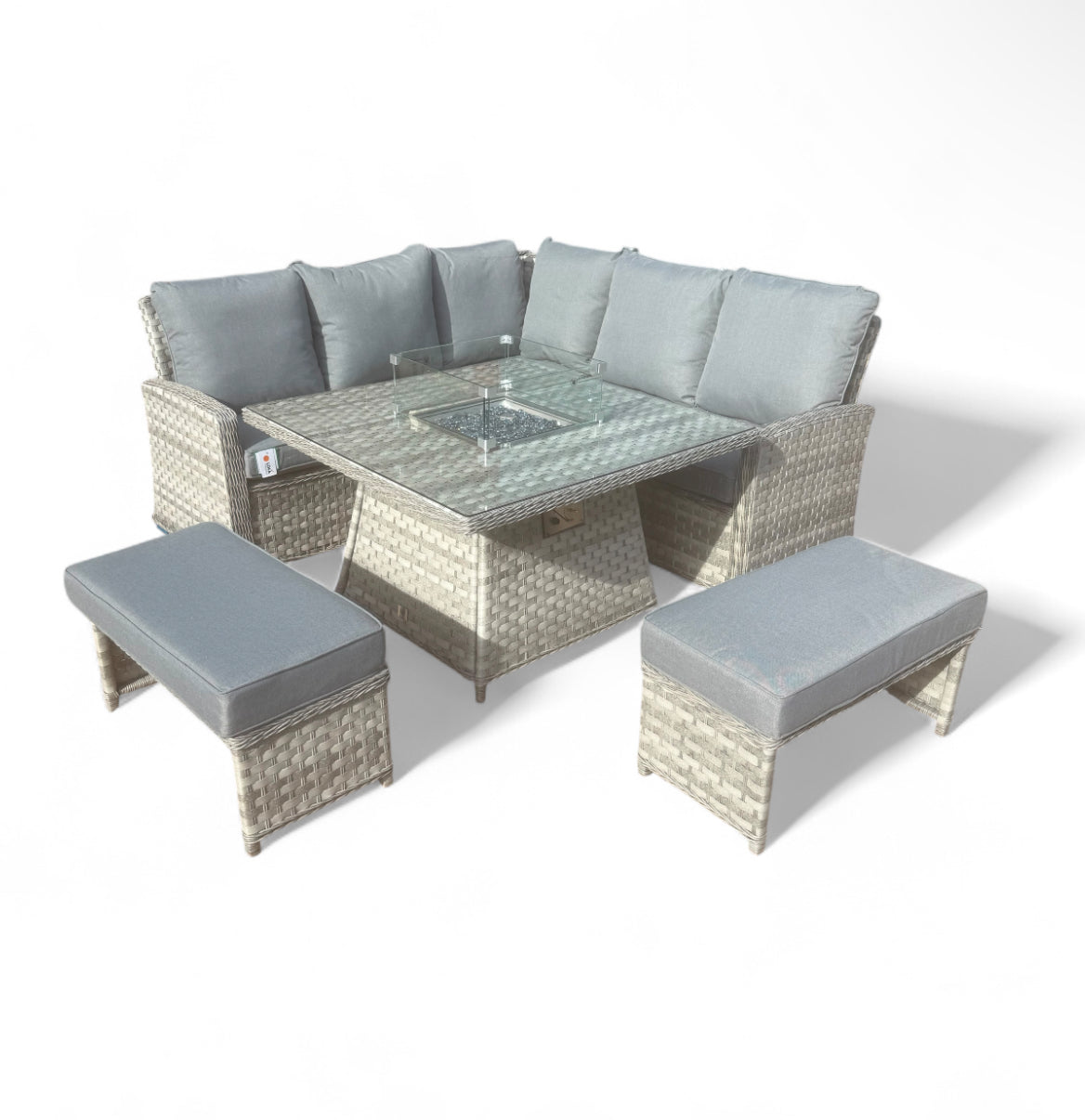 Luxury Sierra Rattan Firepit Corner Garden Set Outdoor Patio Furniture - Grey