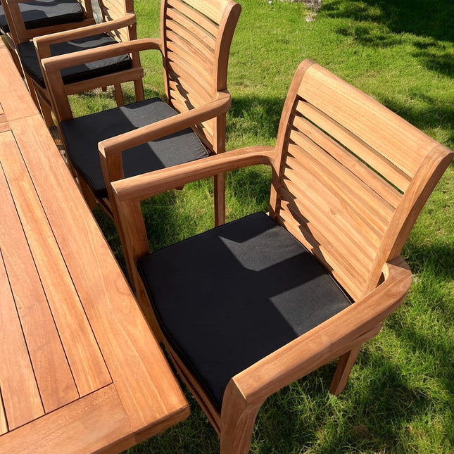 Teak Deluxe Garden Furniture Set 200cm - 300cm Dining Table 4CM Thick & 10 Chairs With Cushions