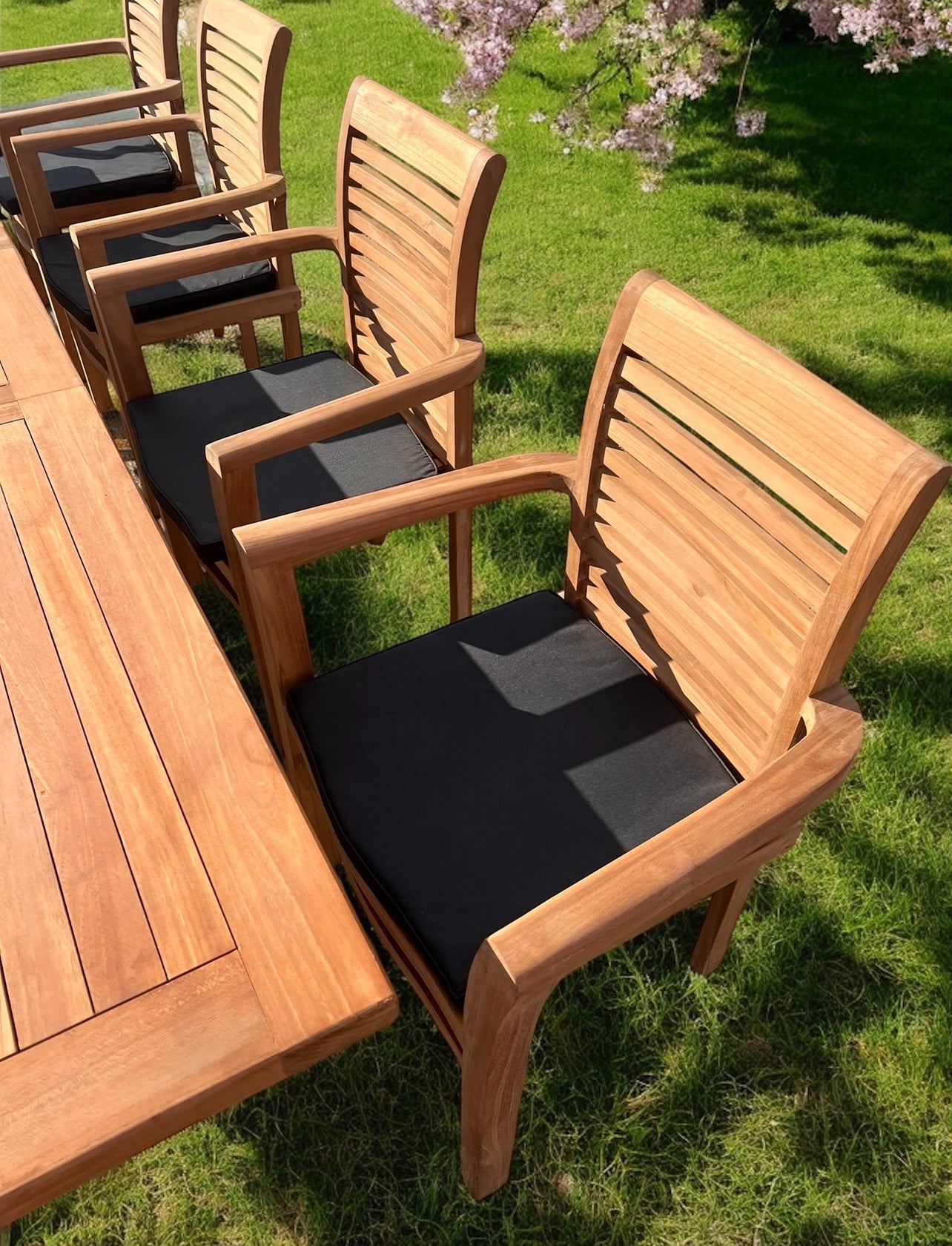 Teak Deluxe Garden Furniture Set 200cm - 300cm Dining Table 4CM Thick & 10 Chairs With Cushions