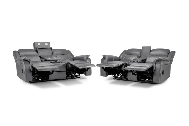 Flow Tech 3+2 Seater Electric Recliner Sofa Set – Stylish Grey Leather Comfort Seating