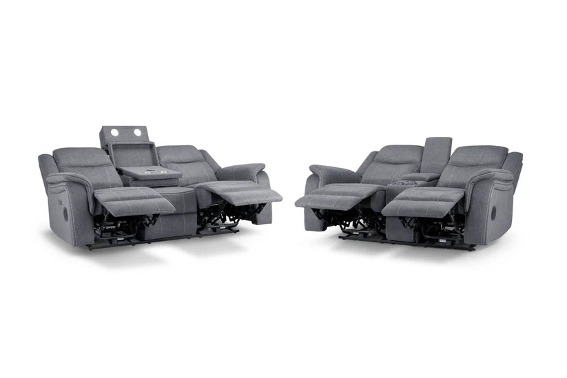 Flow Tech 3+2 Seater Electric Recliner Sofa Set – Stylish Grey Fabric Comfort Seating