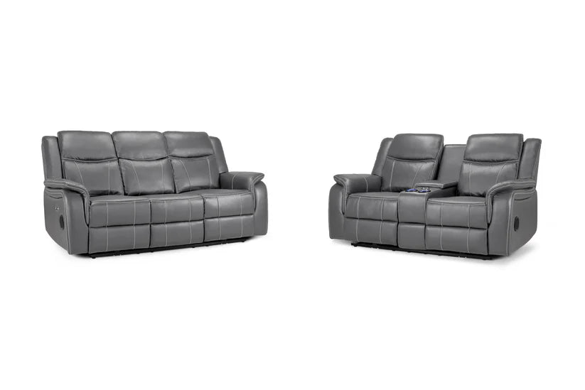 Flow Tech 3+2 Seater Electric Recliner Sofa Set – Stylish Grey Leather Comfort Seating