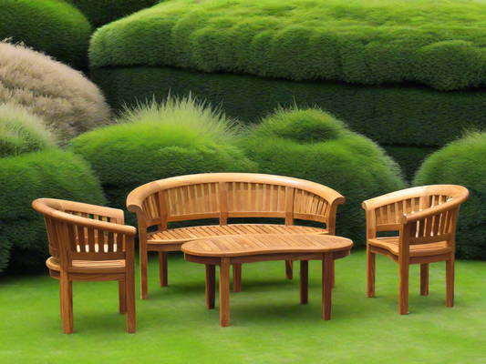 Teak Banana Curved Garden Bench Set Extra Thick Four Piece