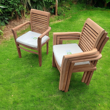 Teak Garden Furniture Set 120cm - 170cm Rectangle Dining Table Double Leaf & 6 Enclave Stacking Chairs With Cushions