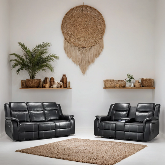 Flow Tech 3+2 Seater Electric Recliner Sofa Set – Stylish Black Leather Comfort Seating