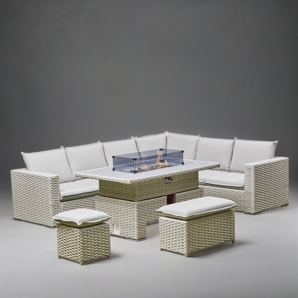 Arcadia Deluxe Rattan Firepit Corner Garden Set - Beige