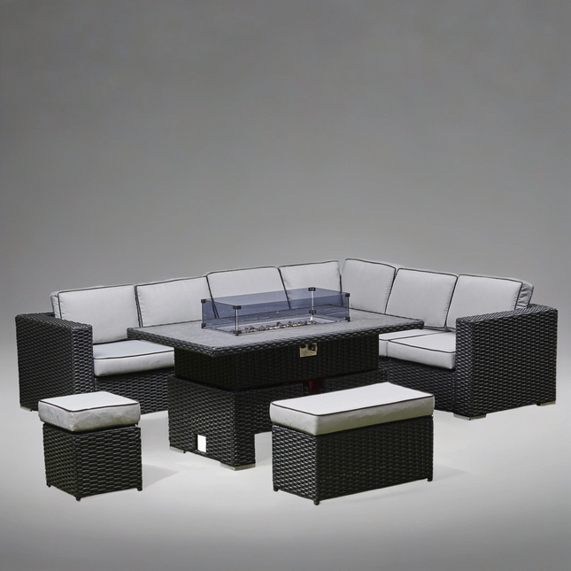 Arcadia Deluxe Rattan Firepit Corner Garden Set - Black