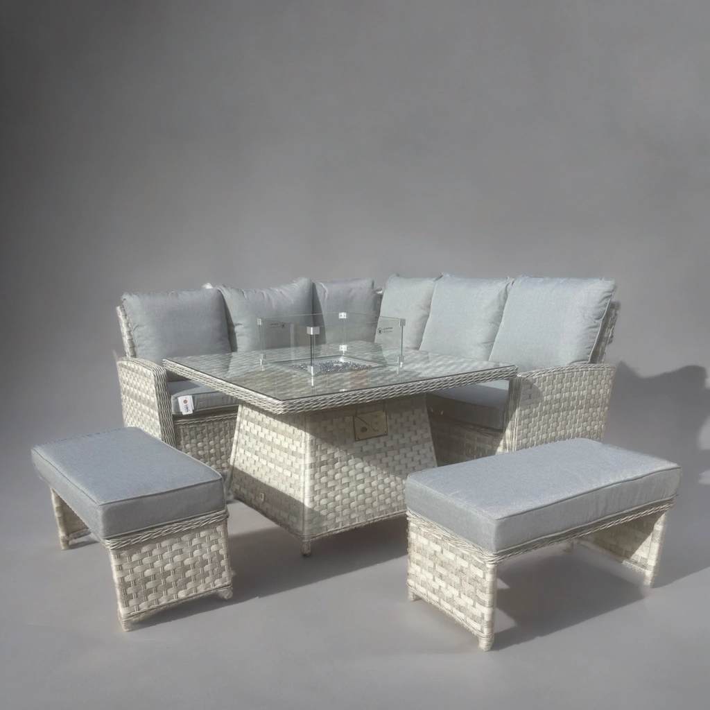 Luxury Sierra Rattan Firepit Corner Garden Set Outdoor Patio Furniture - Grey