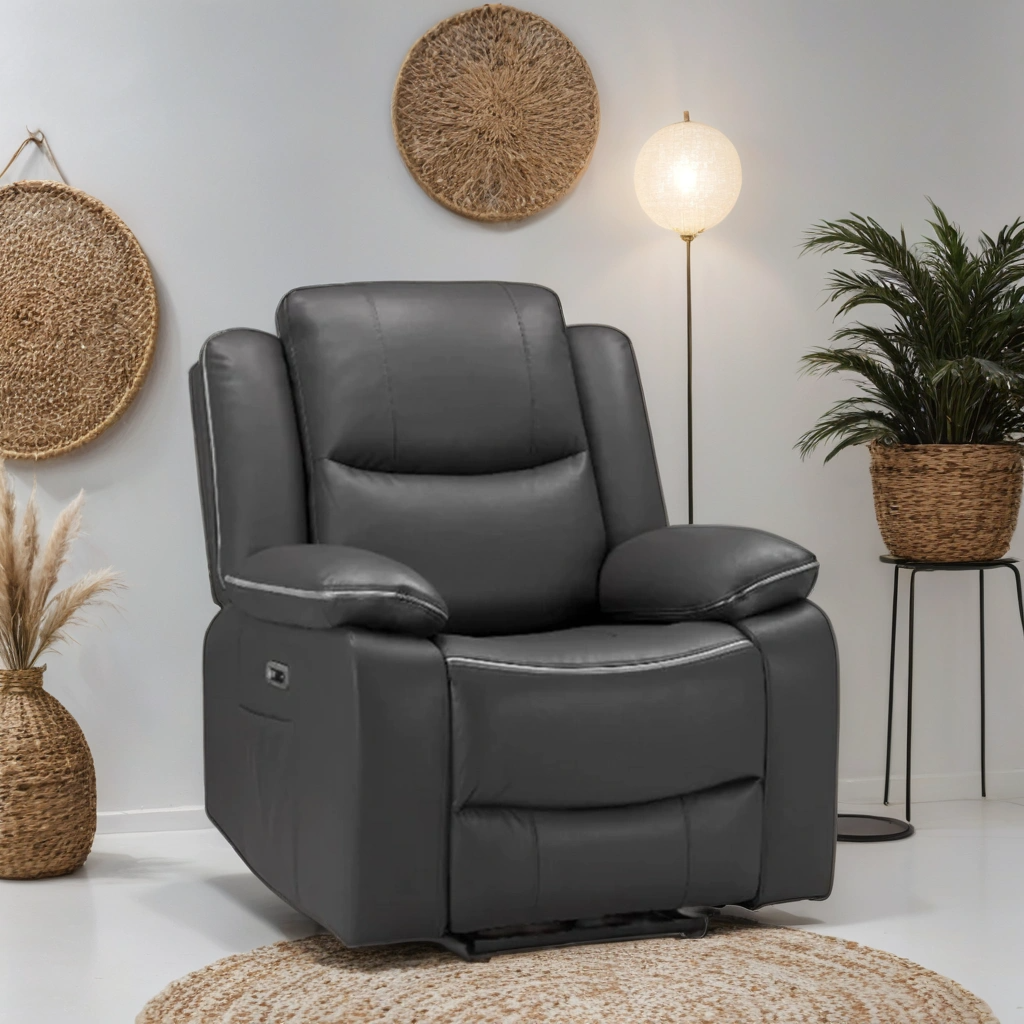 Flint 1 Seater Electric Recliner Armchair Sofa – Stylish Grey Leather Comfort Seating