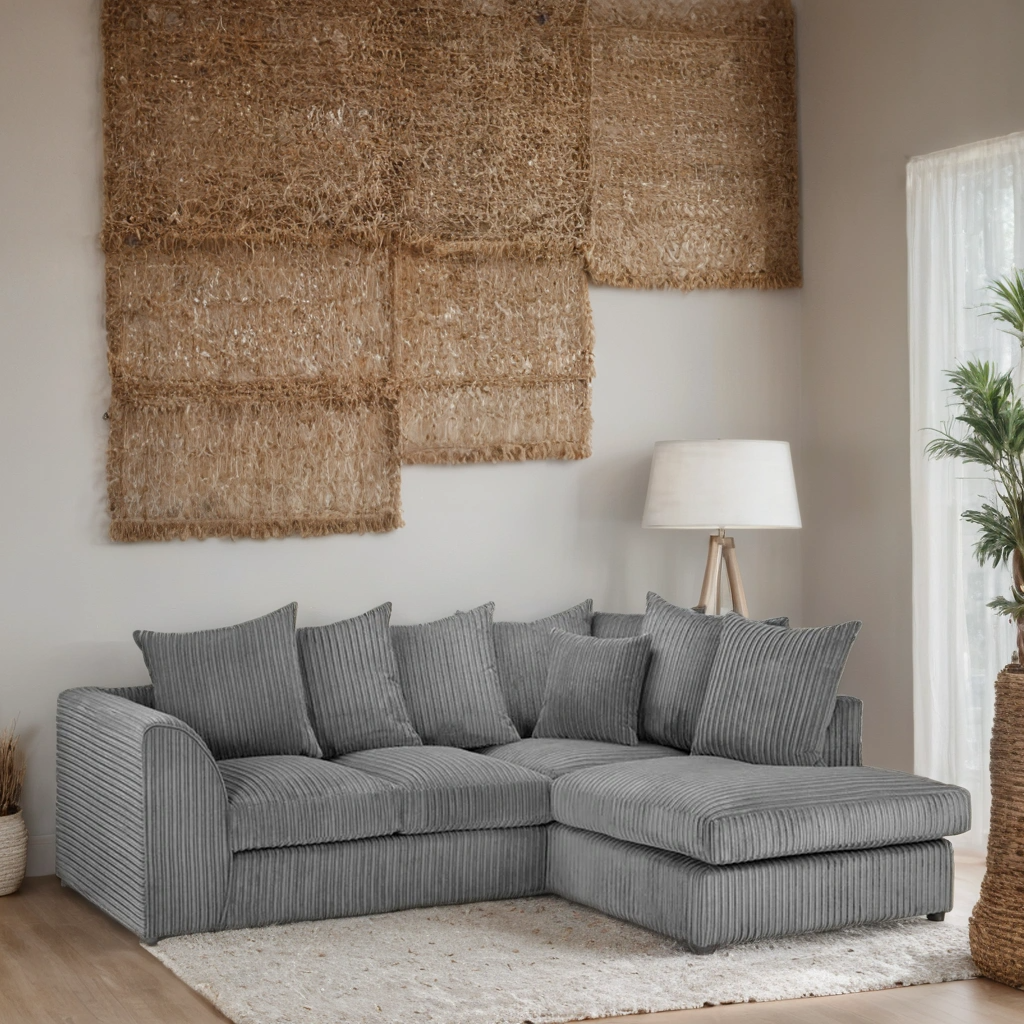 Pebble Corded Sofa L Shape Corner – Stylish Grey Right Hand Comfort Seating