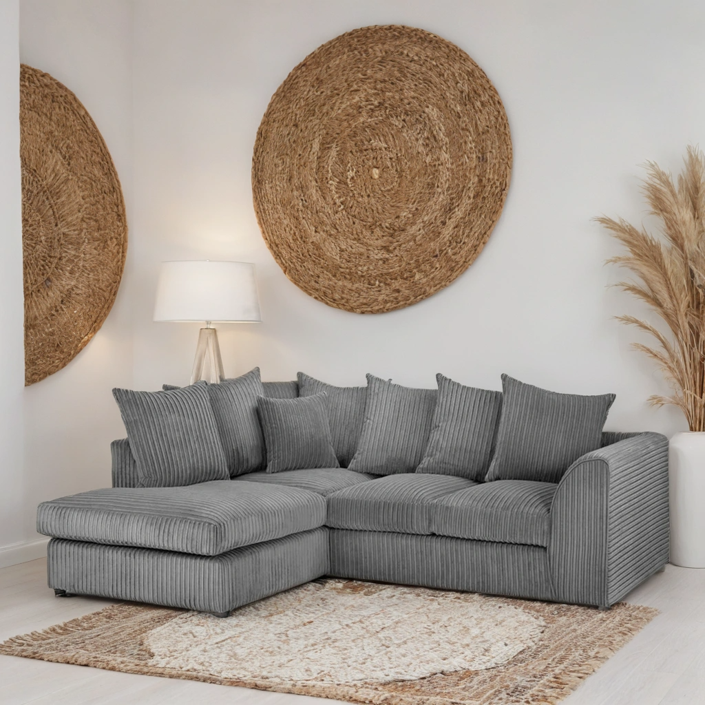 Pebble Corded Sofa L Shape Corner – Stylish Grey Left Hand Comfort Seating