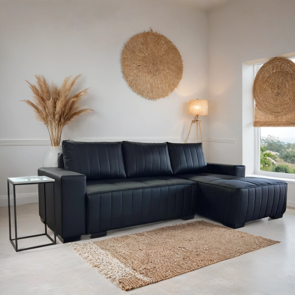 Sable Sofa Bed L Shape Corner – Stylish Black Leather Comfort Seating (Right Hand)