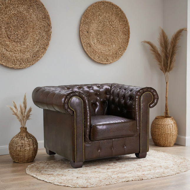 Chesterfield Sofa Antique Brown Armchair 1 Seater