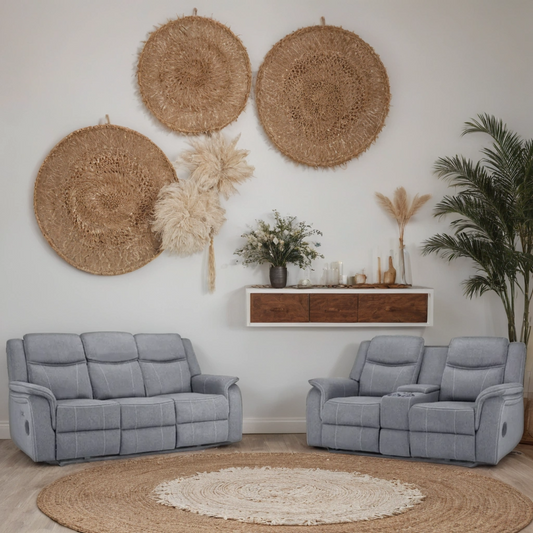 Flow Tech 3+2 Seater Electric Recliner Sofa Set – Stylish Grey Fabric Comfort Seating