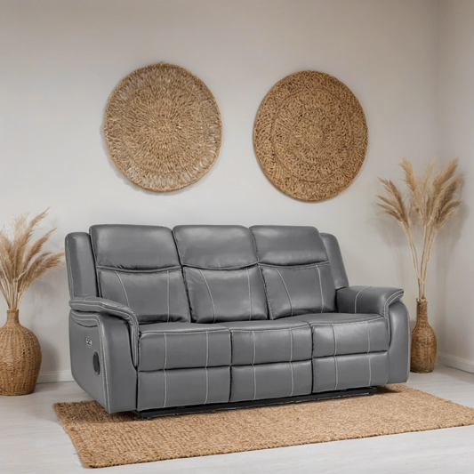 Flow Tech 3 Seater Electric Recliner Sofa – Stylish Grey Leather Comfort Seating