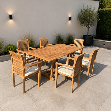 Teak Garden Furniture Set 180cm - 240cm Rectangle Dining table & 6 Chairs with Cushions!